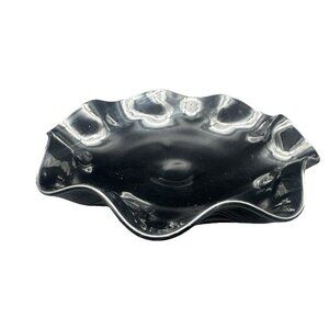 VTG Black Amethyst Glass Footed Candy Dish Bowl Ribbed Scalloped Edge 7.5”